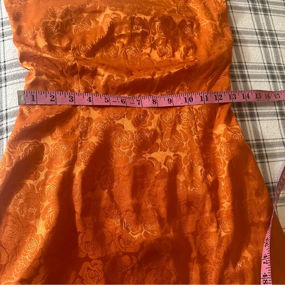 Lucy In The Sky Satin Rose Jacquard One Shoulder Knot Back Mini Dress in Rust M - Picture 15 of 16